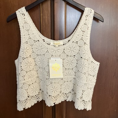Rebellion Again New Crochet Cream Crop Top Sweater Lace Floral Cotton Boho Large