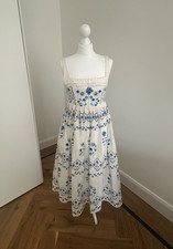 Agua Bendita Women's Strappy Dress Midi White/Blue Size S Floral Cotton Beaded