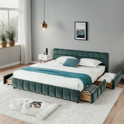 Modern Comfor Chenille Upholstered Bed California King Size w/4 Storage Drawer