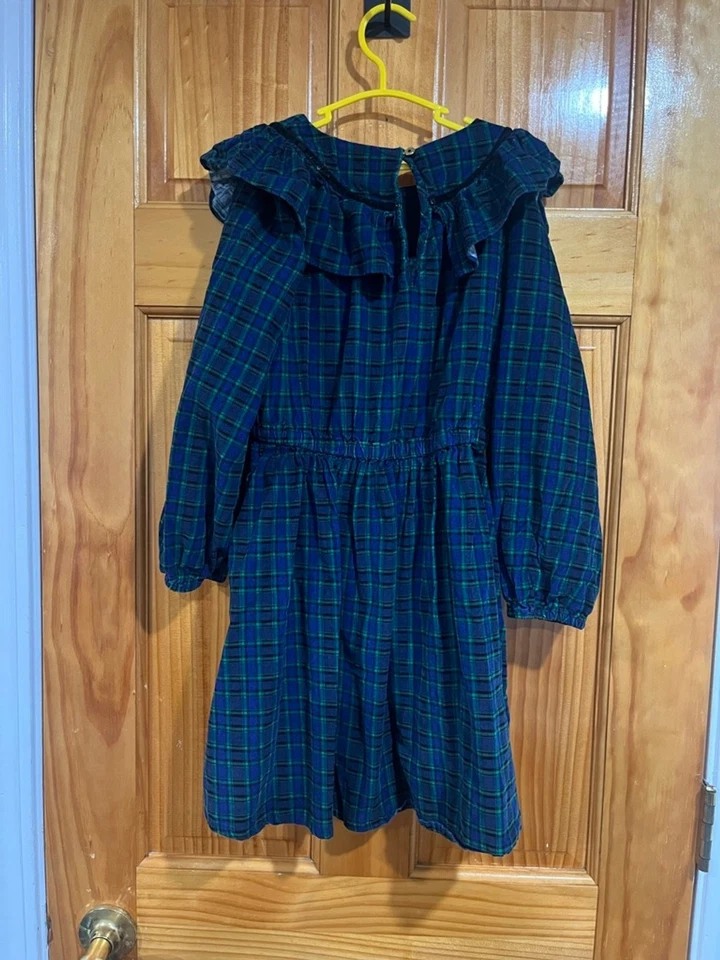 Vestido Crewcuts Niñas Talla 8 Verde Azul Cuadros Cuello Volantes Manga Larga Vacaciones Foto 3 de 3