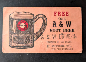 A&W Root Beer Drive-In Trade Card Free One Mug Offer Advertising