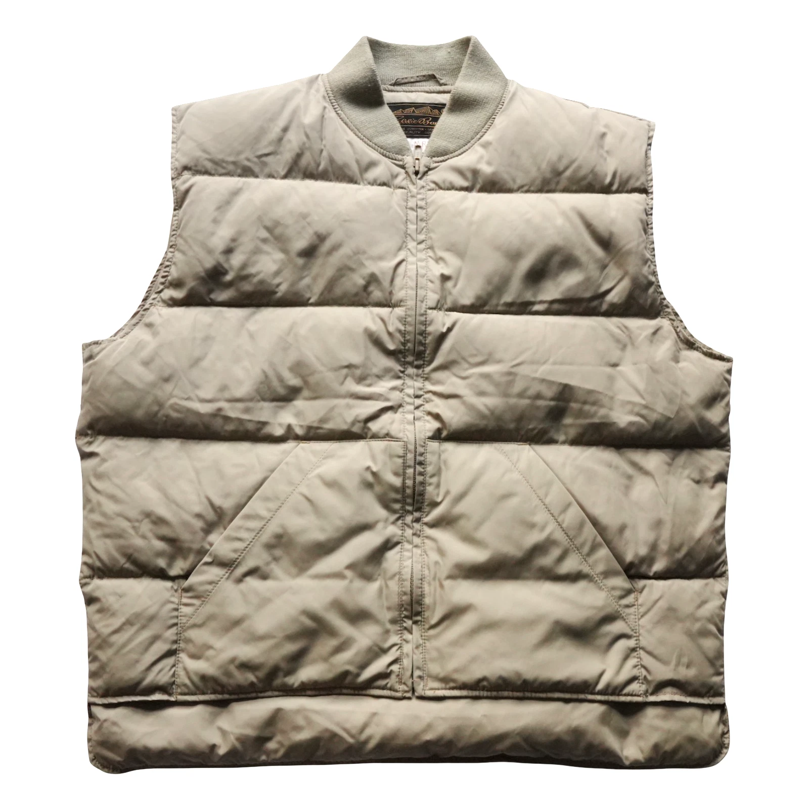 Vintage Eddie Bauer Goose Down Puffer Vest Mens Large Beige Tan Full Zip Outdoor