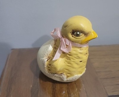 Vintage  Ceramic Easter Chick pink bow in Eggshell Figurine 3  tall Signed  1996