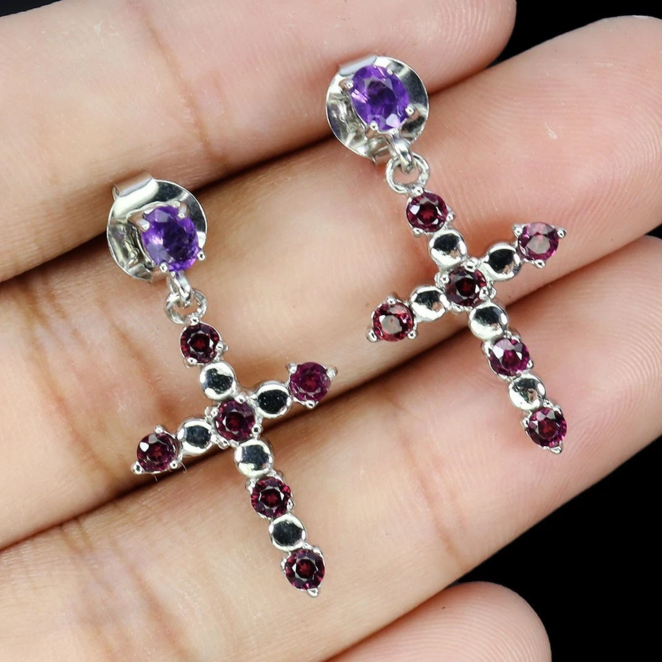 Pendientes de plata de ley 925 ovalados rodolita granate piedras preciosas naturales joyería Foto 2 de 4