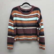 Wild Fable Sweater Womens Medium Brown Orange Striped Pullover Fuzzy Long Sleeve