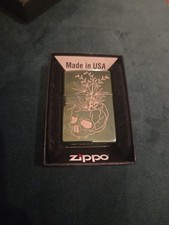 Perfect Boxed Green High Polished Chrome Etched Botanical Skull Zippo Lighter UK