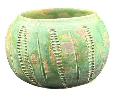 Handmade Studio Pottery Green Textured Planter Bowl Signed By Camille 4''H X 6''W