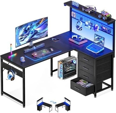 Office Table Reversible Computer Desk L Shaped Gaming Desk w/ Hook & LED Lights