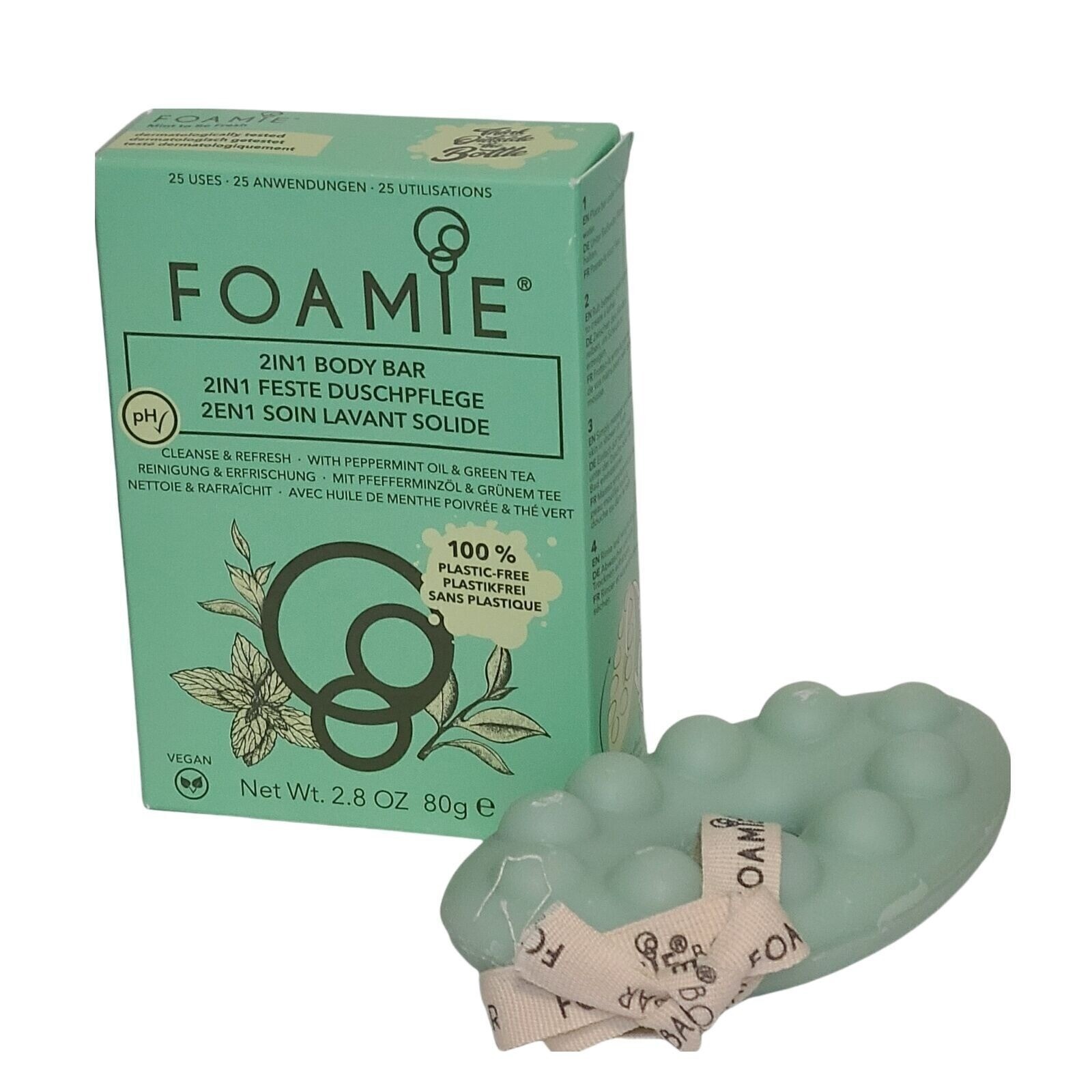 Батончик для тела Foamie 2 в 1 с маслом перечной мяты и зеленым чаем Очищает и освежает кожу, оказывает массажное действие