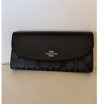 Coach Signature Envelope Wallet Black Gray Canvas Leather Snap Flap Women NWT