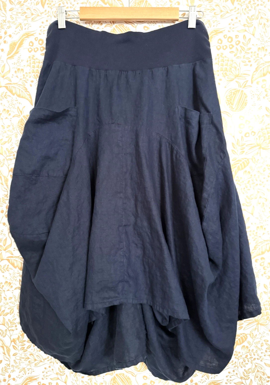 NM Neimum Marcu Asymmetric Elastic Waist Linen Skirt Navy Blue Size L Pocket