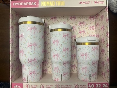 Hydrapeak Nomad Trio Pink Bows Floral Fancy Tumblers 40, 32 & 24 Oz SET of 3