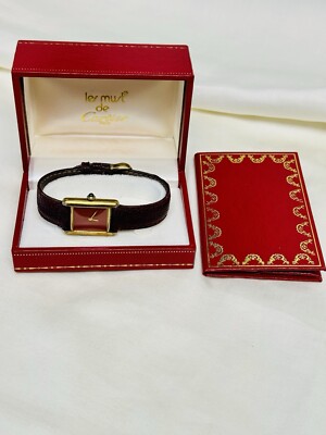 Vintage Must de Cartier Vermeil Watch- Maroon Dial- All