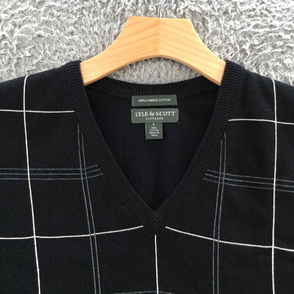 Chaleco Suéter Lyle & Scott Para Hombre L Negro Algodón Escocés Cuello en V Sin Mangas Foto 3 de 4