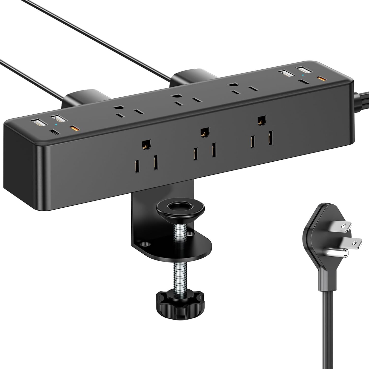 Flat Plug Desk Clamp Power Strip, Dual PD20W 10FT-Black, 9 AC & 8 USB -10 FT