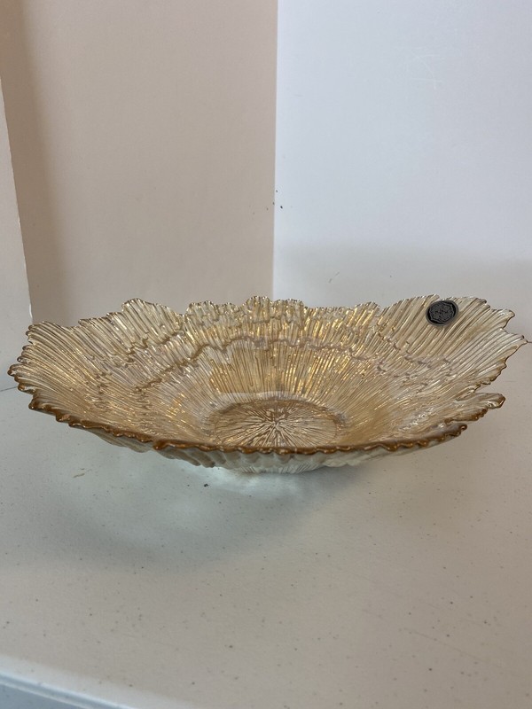 Gold Foil Art Glass Bowl 13” Long 11.5” Wide
