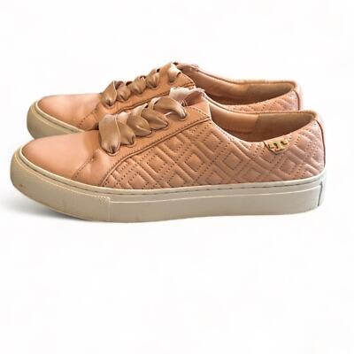 Tory Burch Marion Quilted Leather Logo Ribbon Laced Sneakers Blush
