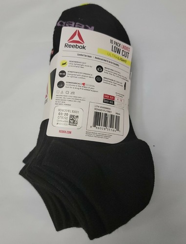 Reebok Womens Low Cut UltraLight Socks fits Shoe Size 4-10 Black 10 Pairs NEW! - 第 3/3 張圖片