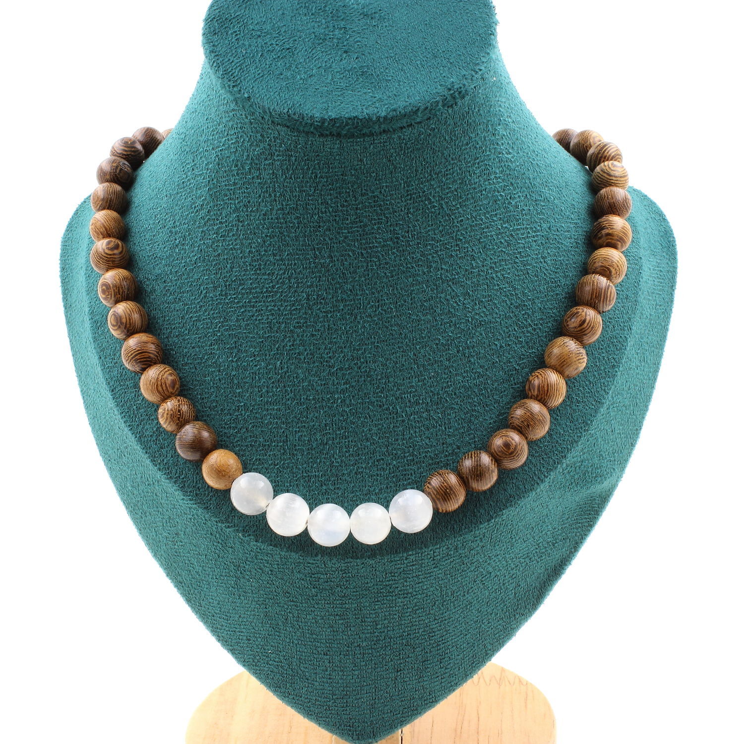 Collier sélénite Maroc perles bois 8mm chaîne acier pour lithothérapie