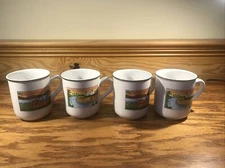 VINTAGE VILLEROY BOCH LAPLAU NAIF NAIVE PAINTED VITRO PORCELAINE MUGS CUPS SET 4
