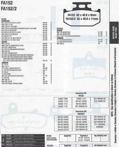 FA152x EBC Brake Pads Kawasaki KDX200 KDX220R KLX250R KLX650 See Desc - Picture 2 of 2