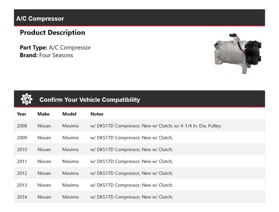 Compresor de aire acondicionado Nissan Máxima 2008-2014 4 estaciones 2009 2010 2011 2012 2013 Foto 2 de 4