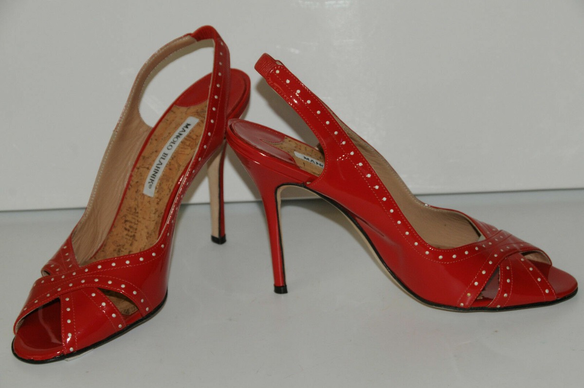 Sandales à Talons Manolo Blahnik Ferrari - Cuir Verni Rouge Perforé, Semelle Liège, Taille 40, Neuves Sans Boîte