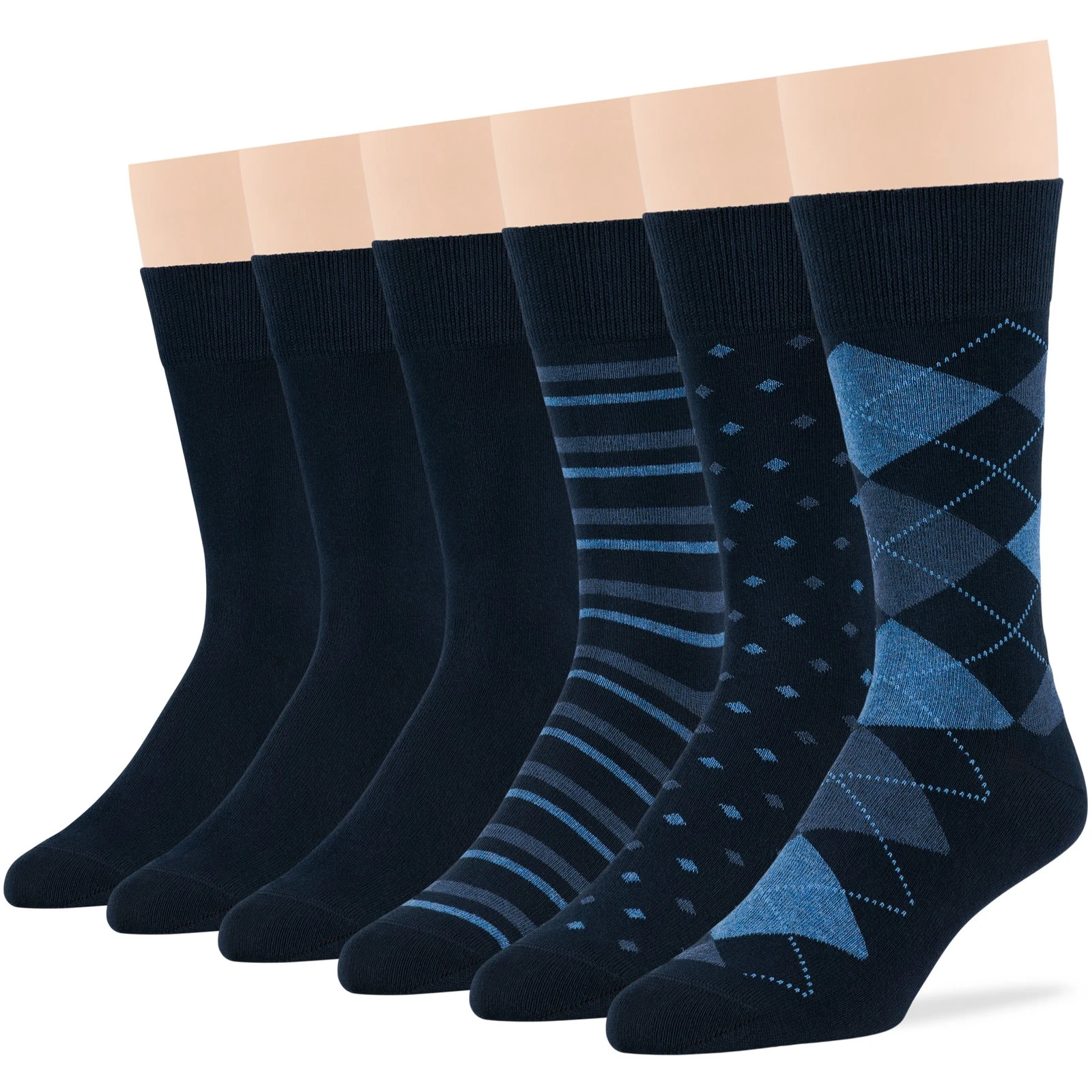Men's Cotton 6 Pack Dress Solid Argyle Dotted Striped Crew Large 10-13 Dark Navy