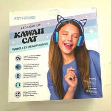 ART SOUND Kawaii Cat Bluetooth Wireless LED Cat Ear Headphones Mic Fold Blue