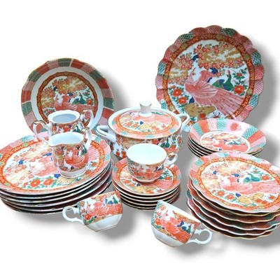 Vintage Japanese Arita Imari Peacock Porcelain China Dinnerware Set 30 Pc Plates
