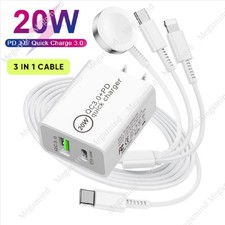 Fast Dual USB C 20W Charger 3 In 1 Cable For Apple Watch Charger iPhone 16 15 14