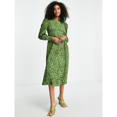 Vila Green Leopard Print Long Sleeve Empire Waist Dress Small