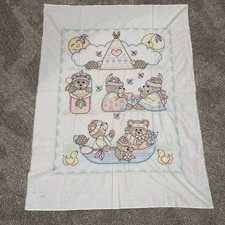 Vintage Hand Embroidered Baby Quilt Top   Bears Ducks Teepee Nursery 47x35