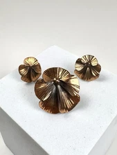Vintage Stuart Nye Copper On Sterling Panzy Earrings & Brooch Set Lovely Patina!