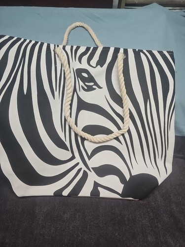 Zebra Print Tote Bag With Zipper Closer Pocket Inside Large Compartment - Picture 5 of 13