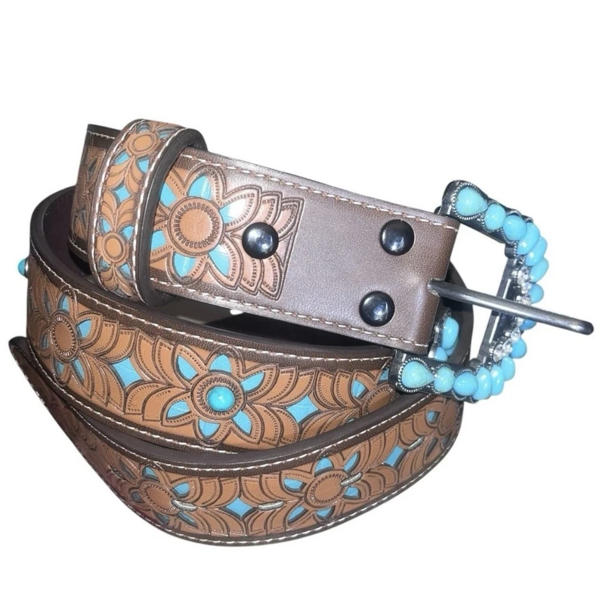 Brown Faux Leather Belt with Beaded Buckle Waist Cinch Size M/L Faux Leather Beaded Brown Belts for Women for sale | eBay main image 2