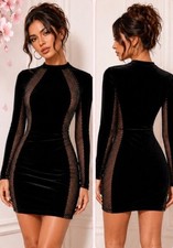 SHEIN BAE Black Velvet Diamanté Mesh Bodycon Mini Dress
