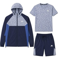MNTRX Mens 3Pcs Active Tracksuit Set 4 Way Stretch Hooded Jacket T-Shirt Gym