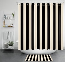 Modern Farmhouse Black and Cream Striped Shower Curtain Set for Bathroom Decor