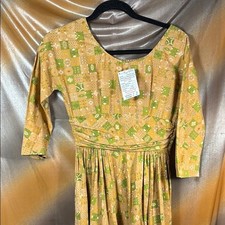 50 s Vintage cotton Patchwork Dress in Yellow and Green midi T