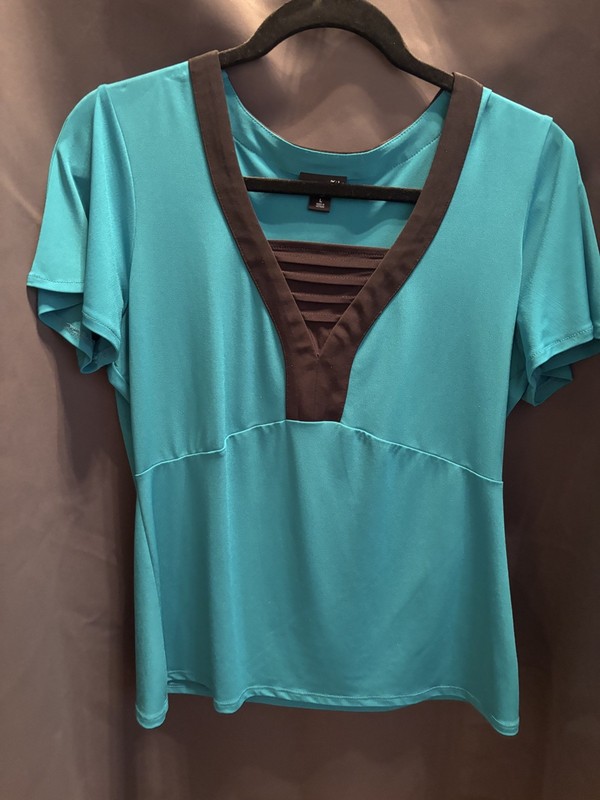 East 5th L Green and Black classy look short sleeve slick stretchy blouse