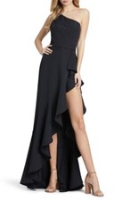 Mac Duggal BLACK Women's One Shoulder High Slit Ruffle Gown, US 8