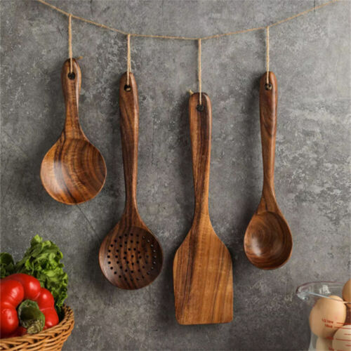 7x Wooden Utensils Set For Kitchen Messon Handmade Natural Teak Cooking Spoons - Picture 6 of 10