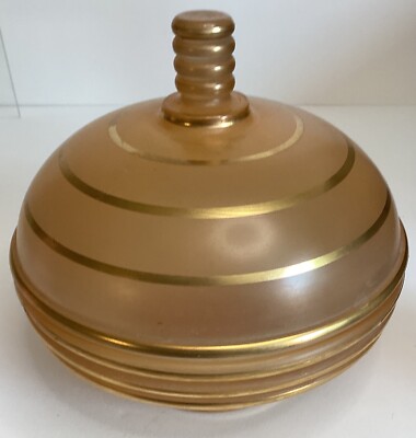 Vintage Art Deco Amber Satin Glass Lidded Candy Dish Powder Jar w Gold Stripes
