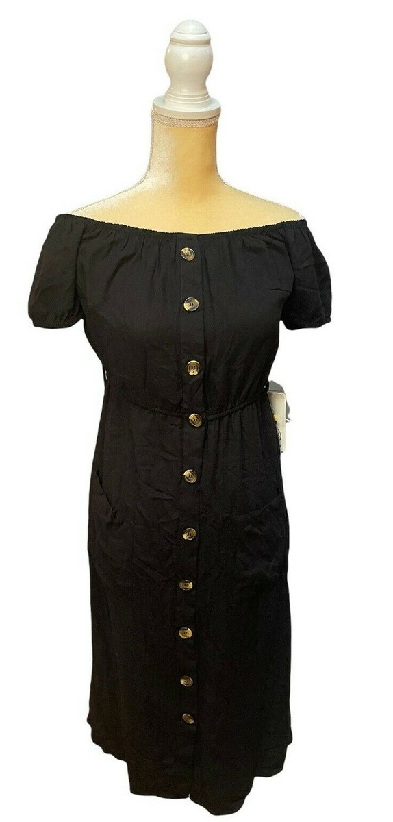 black off the shoulder button dress Off The Shoulder Button Dress by Lela Rose at THE MILE