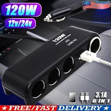 4Way 12V Multi Socket Car Cigarette Lighter Splitter USB 120W-Charger Adapter