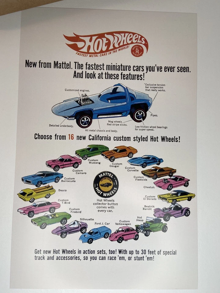 1968 Hot Wheels Sweet 16 Redlines Cars Poster 11" x 17" Python Cheetah NO FRAME - Image 2 of 4