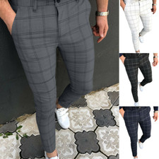 Men Casual Plaid Check Dress Pants Slim Fit Business Formal Skinny Long Trousers