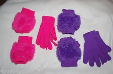Girls 2 PAIR LOT Knit Gloves w/ Furry Glove Covers PINK PURPLE Warm ONE SIZE