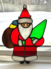 Christmas Stained Glass Sun Catcher- Santa holding tree